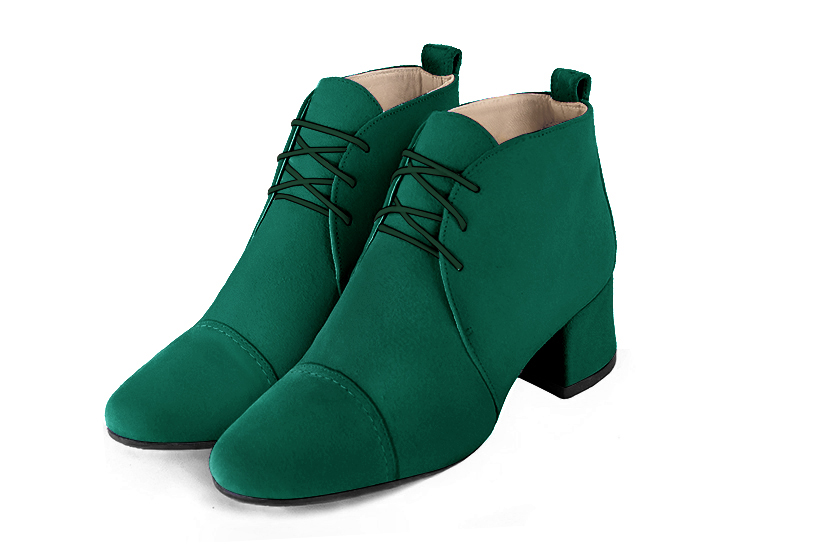 Emerald green women's ankle boots with laces at the front. Round toe. Low flare heels. Front view - Florence KOOIJMAN